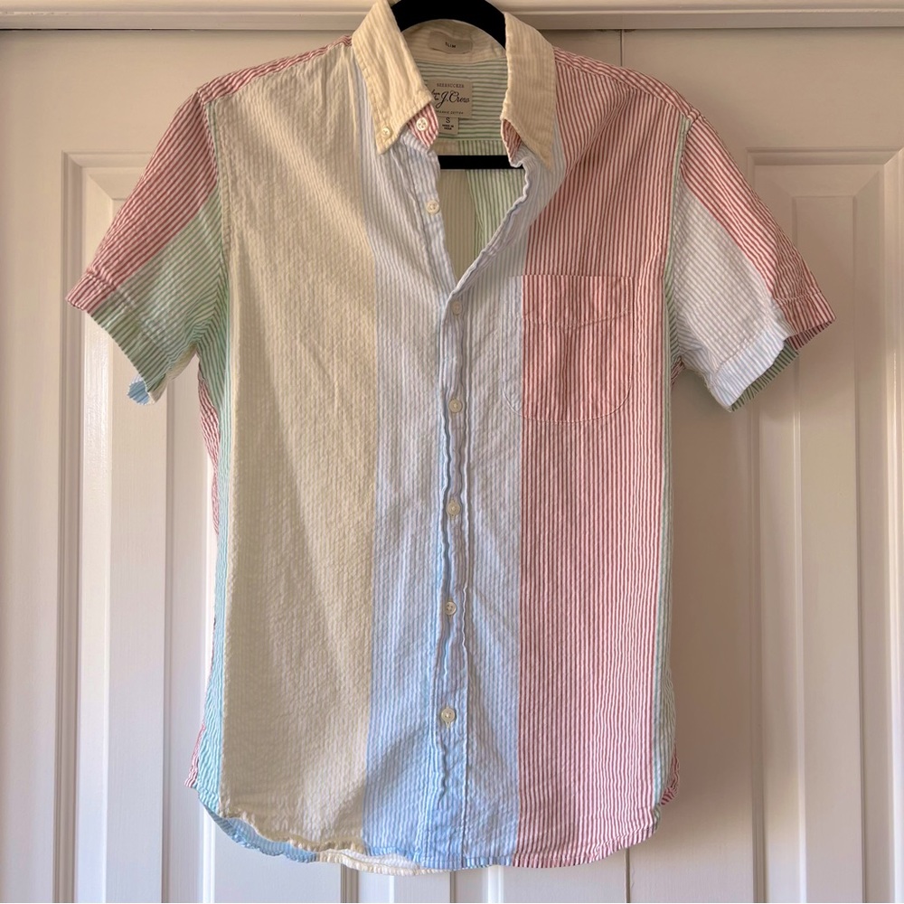 J Crew Men’s Seersucker Color Block Short Sleeve Shirt